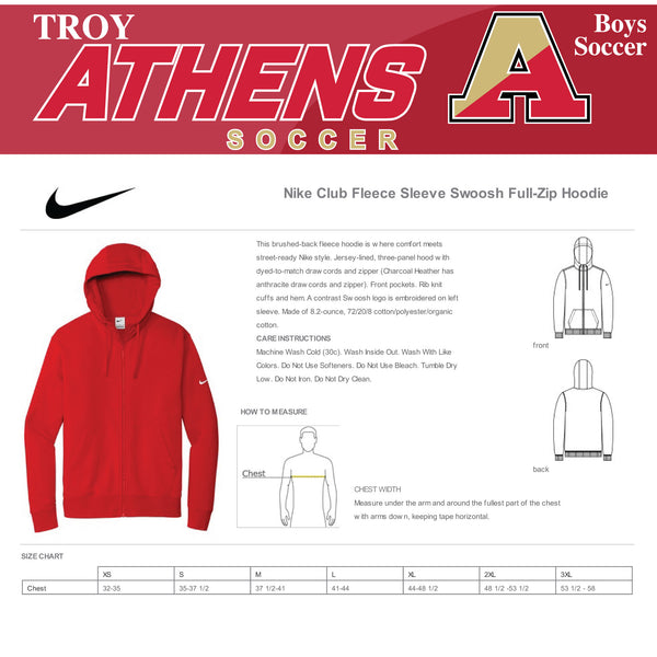 Troy Athens Boys Soccer Fall NIKE Fleece Full-Zip Hoodie