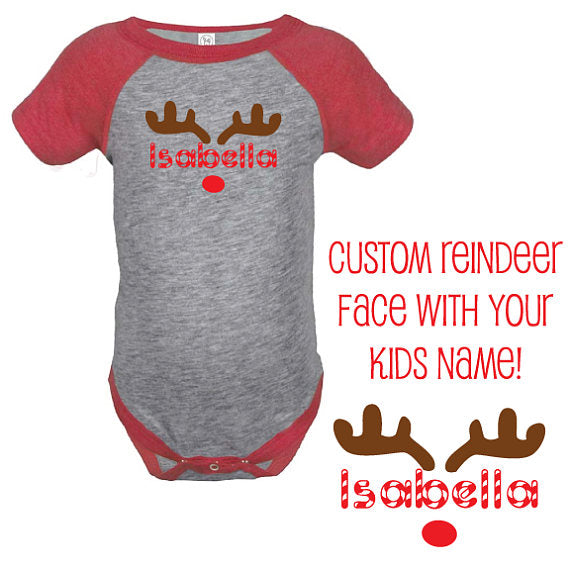 Custom Name Reindeer Face Baby Christmas Bodysuit
