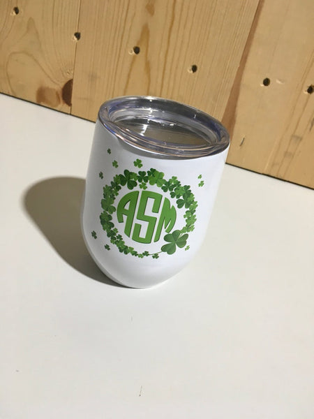 Custom Monogram Shamrock White Sublimation Stainless Steel 12oz Wine Tumbler Personalized St Patrick's Day Wine Tumbler