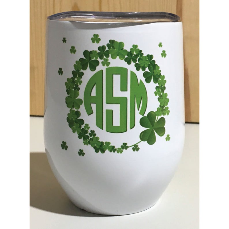 Custom Monogram Shamrock White Sublimation Stainless Steel 12oz Wine Tumbler Personalized St Patrick's Day Wine Tumbler