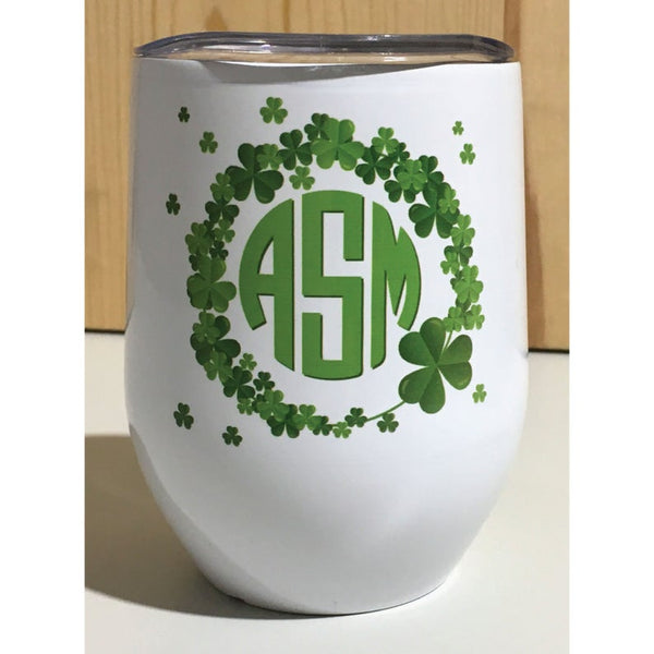 Custom Monogram Shamrock White Sublimation Stainless Steel 12oz Wine Tumbler Personalized St Patrick's Day Wine Tumbler