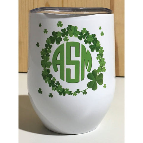 Custom Monogram Shamrock White Sublimation Stainless Steel 12oz Wine Tumbler Personalized St Patrick's Day Wine Tumbler