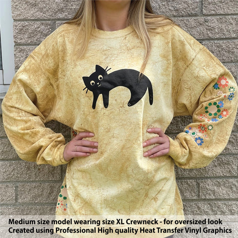 Cat Crewneck Sweatshirt / Flower Power / Comfort Colors / Black Cat Lovers / Cat Gift / Novelty Graphic Crew / Relaxed Fit / Sustainable