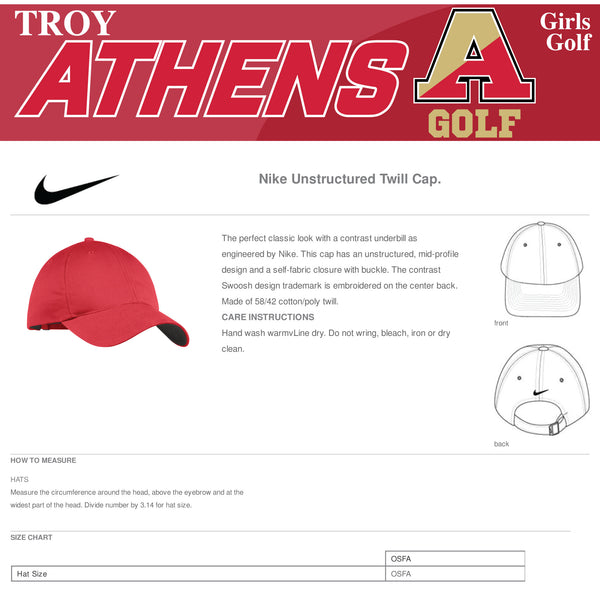 Troy Athens Girls Golf Fall 2023 Nike Unstructured Twill Cap