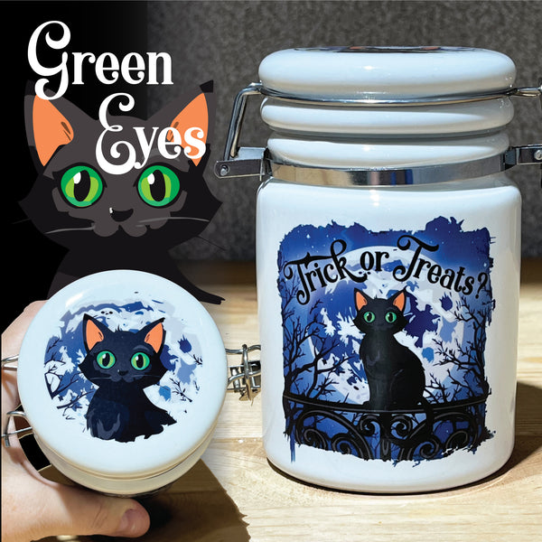 Black Cat TRICK or TREATS? Storage Jar / Halloween / Funny Jar / Cat Treats Container / Black Cat Lovers / Fun with Catnip