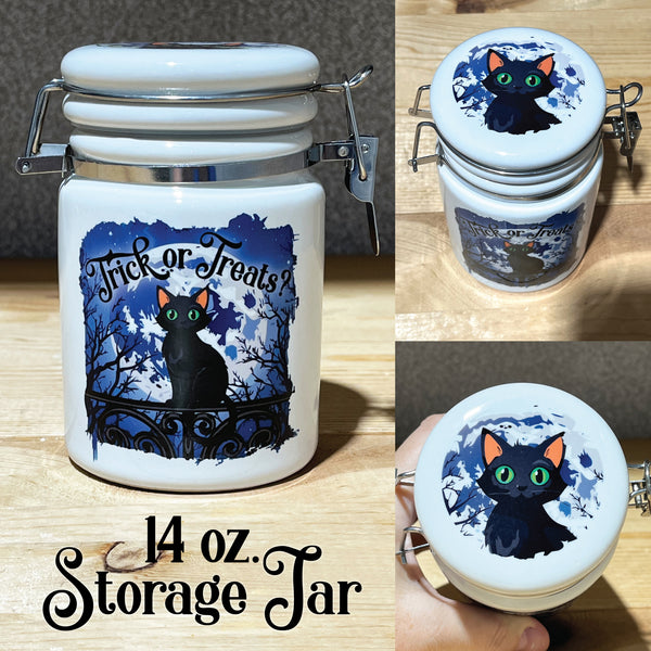 Black Cat TRICK or TREATS? Storage Jar / Halloween / Funny Jar / Cat Treats Container / Black Cat Lovers / Fun with Catnip