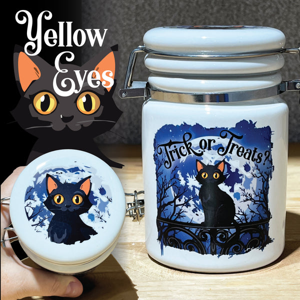 Black Cat TRICK or TREATS? Storage Jar / Halloween / Funny Jar / Cat Treats Container / Black Cat Lovers / Fun with Catnip