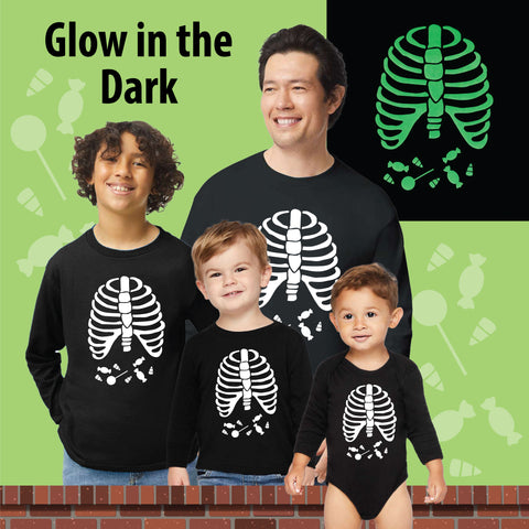 Candy Ribs "GLOW in the Dark" Long Sleeve T-shirt/ Trick or treat/ Halloween Party/ Skeleton Fun/ Adults, Kids, Infant/ Family Novelty Fun