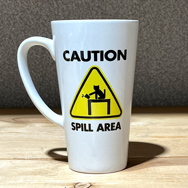 17oz. Ceramic Latte Mug / Caution Spill Area / Cat Antics / Humorous / Cat Lover / Coffee with my cat / Novelty