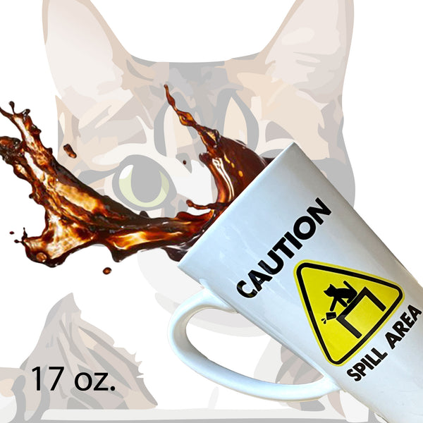 17oz. Ceramic Latte Mug / Caution Spill Area / Cat Antics / Humorous / Cat Lover / Coffee with my cat / Novelty