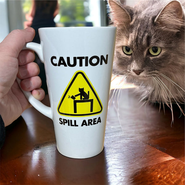 17oz. Ceramic Latte Mug / Caution Spill Area / Cat Antics / Humorous / Cat Lover / Coffee with my cat / Novelty