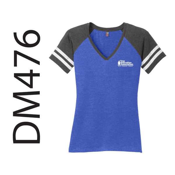 Troy Education Assoc. District. Women's Game V-Neck Tee. DM476 / True Royal/Heathered Charcoal
