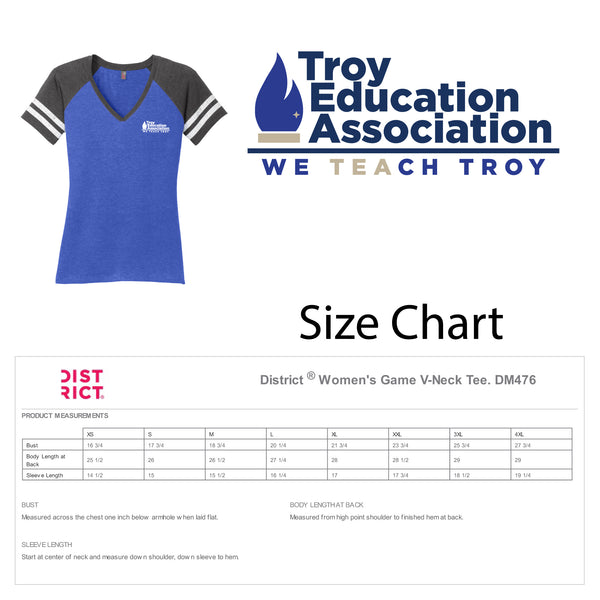 Troy Education Assoc. District. Women's Game V-Neck Tee. DM476 / True Royal/Heathered Charcoal