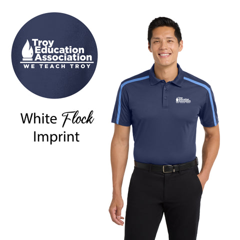 Troy Education Assoc. Port Authority. Silk Touch Performance Colorblock Stripe Polo. K547. Navy/Carolina Blue