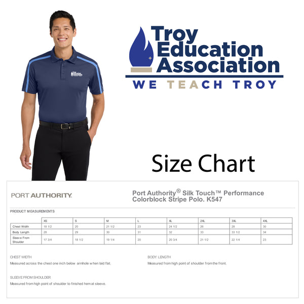 Troy Education Assoc. Port Authority. Silk Touch Performance Colorblock Stripe Polo. K547. Navy/Carolina Blue