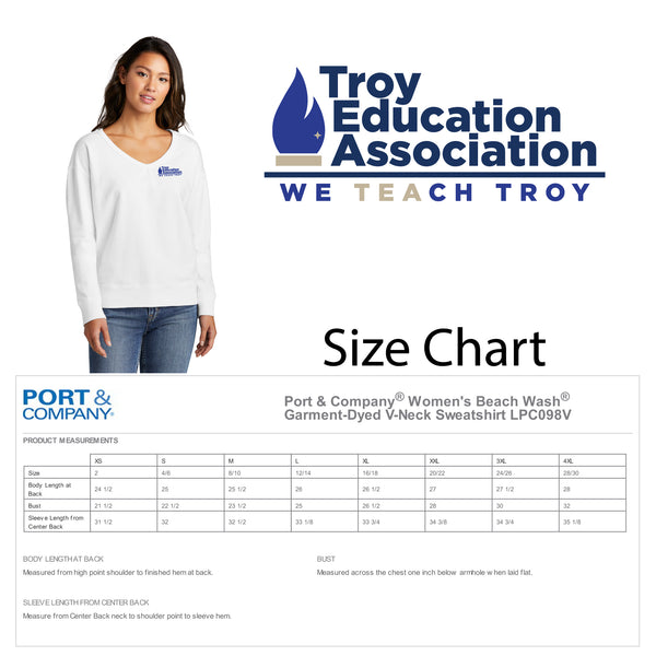 Troy Education Assoc. Port & Company® Women's Beach Wash® Garment-Dyed V-Neck Sweatshirt LPC098V / White