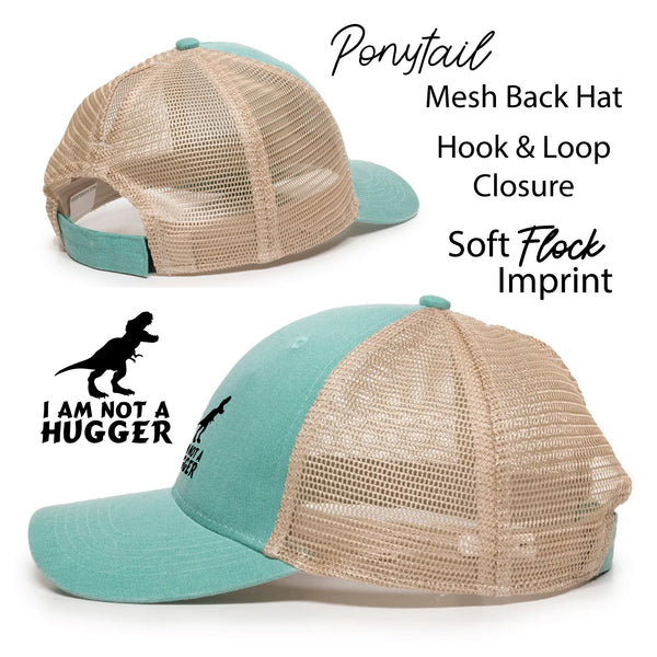 I'm Not a Hugger Ponytail Back Hat / Ladies Hat / Hug Free Zone / Dino Swag / Personal Space / Quirky Fashion / Hook and Loop / Mesh Back