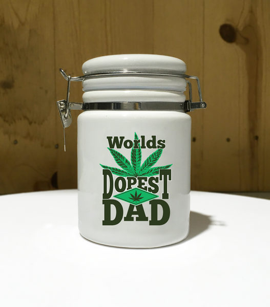 World's Dopest DAD Ceramic 14oz White Sublimated Weed Stash Jar Mary Jane Ganja Jar Snoop That's Dope Weed Dad Higher World's Best Dad / 420