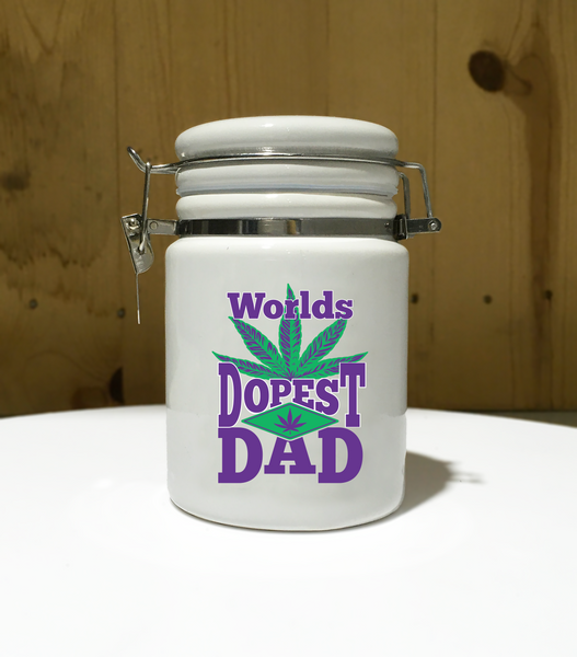 World's Dopest DAD Ceramic 14oz White Sublimated Weed Stash Jar Mary Jane Ganja Jar Snoop That's Dope Weed Dad Higher World's Best Dad / 420