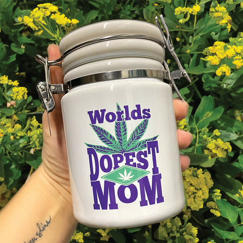 World's Dopest MOM Ceramic 14oz White Sublimation Weed Stash Jar / Mary Jane / That's Dope