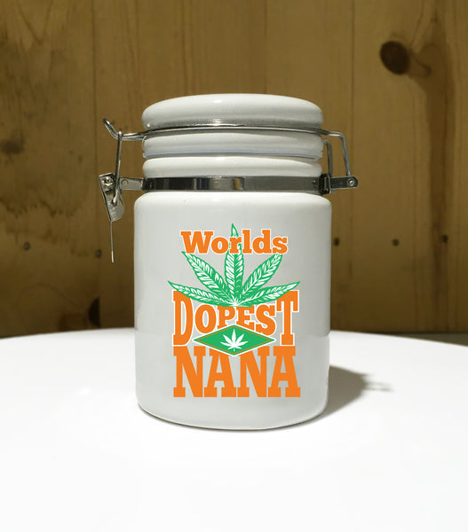 World's Dopest NANA Ceramic 14oz White Sublimation Weed Stash Jar/  Mary Jane / That's Dope / Weed Nana / Higher / Worlds Best Nana