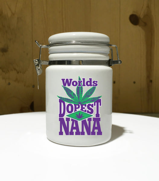 World's Dopest NANA Ceramic 14oz White Sublimation Weed Stash Jar/  Mary Jane / That's Dope / Weed Nana / Higher / Worlds Best Nana