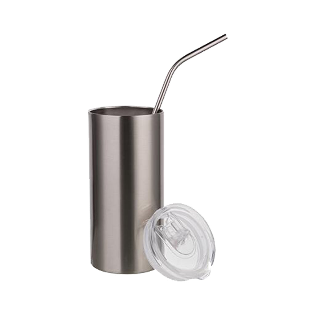 16 oz. Skinny Straight Silver Stainless Steel Tumbler with Straw & Lid