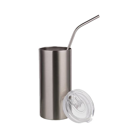 16 oz. Skinny Straight Silver Stainless Steel Tumbler with Straw & Lid
