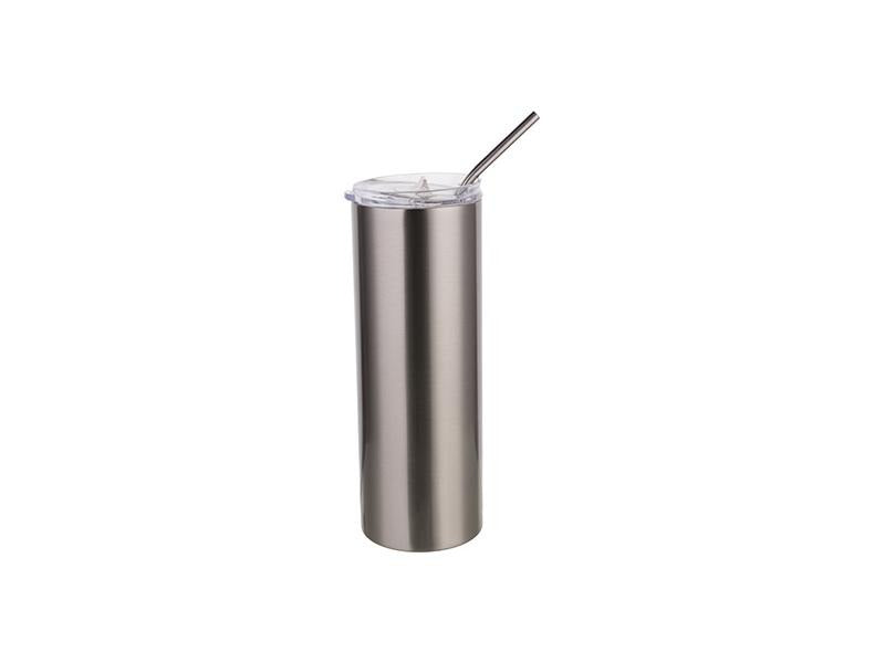 20 oz. Skinny Straight Silver Stainless Steel Tumbler with Straw & Lid