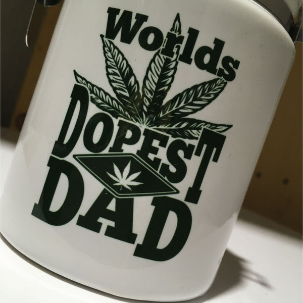 World's Dopest DAD Ceramic 14oz White Sublimated Weed Stash Jar Mary Jane That's Dope World's Best Dad / 420 / With free sticker