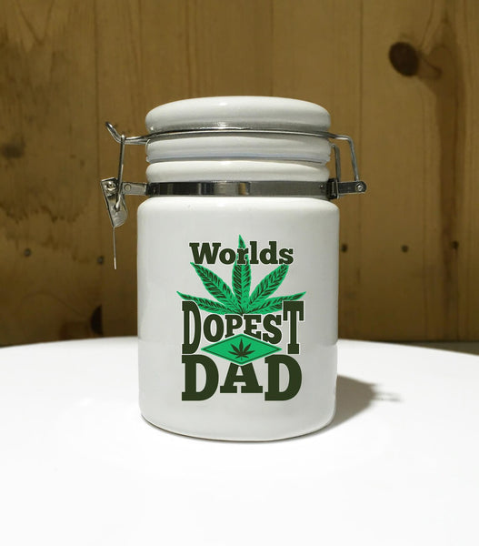 World's Dopest DAD Ceramic 14oz White Sublimated Weed Stash Jar Mary Jane That's Dope World's Best Dad / 420 / With free sticker