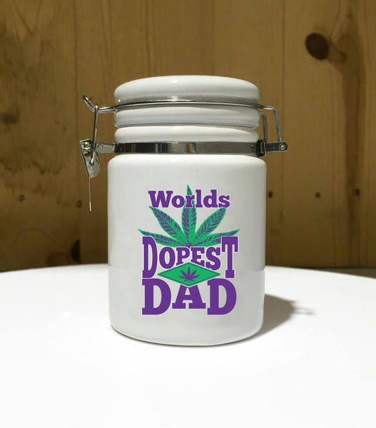 World's Dopest DAD Ceramic 14oz White Sublimated Weed Stash Jar Mary Jane That's Dope World's Best Dad / 420 / With free sticker
