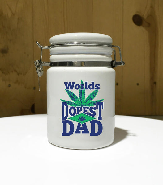 World's Dopest DAD Ceramic 14oz White Sublimated Weed Stash Jar Mary Jane That's Dope World's Best Dad / 420 / With free sticker