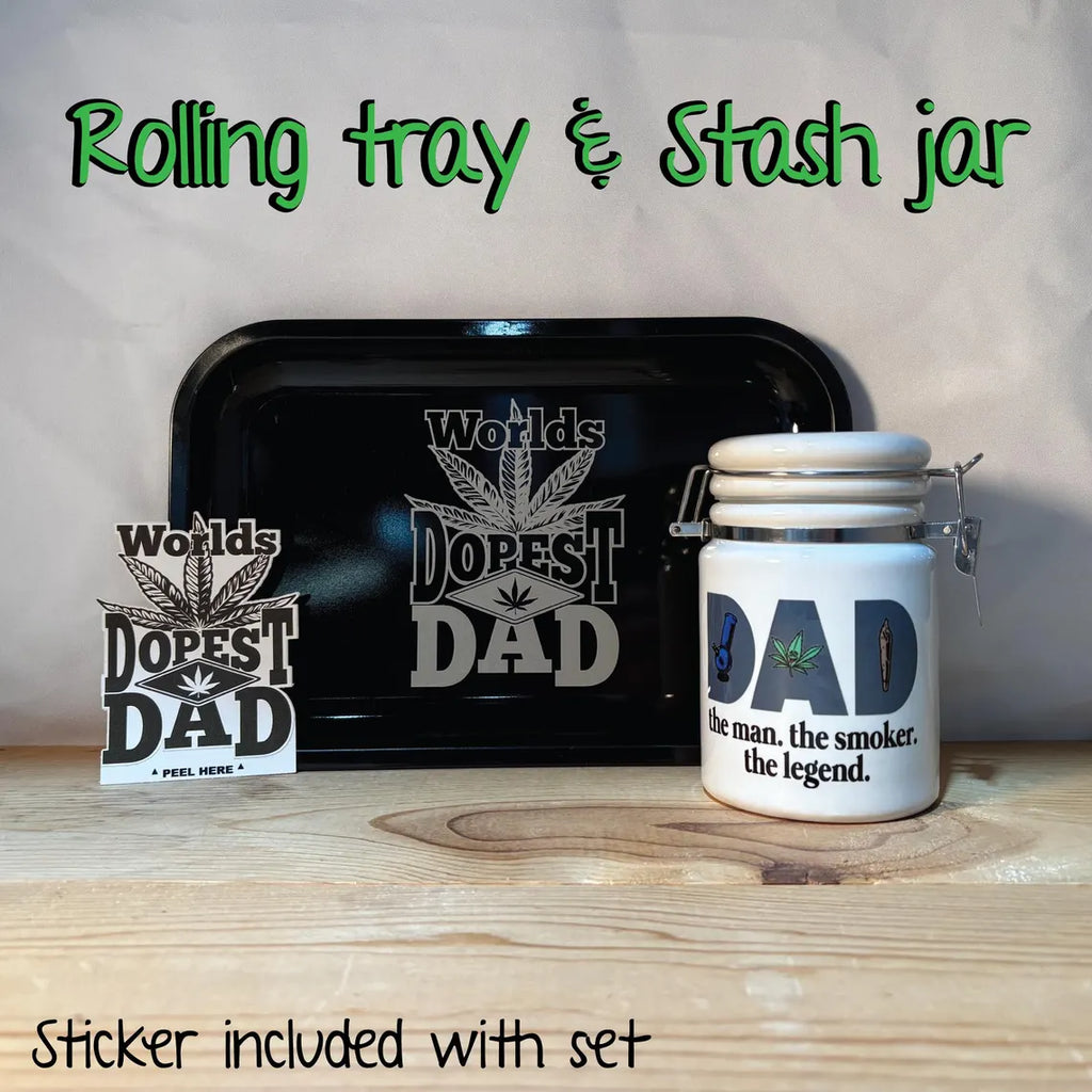 World's Dopest DAD Rolling Tray & Ceramic 14oz White Sublimated Weed Stash Jar Gift Set / 420 / Father's Day / the man. the smoker. the legend.