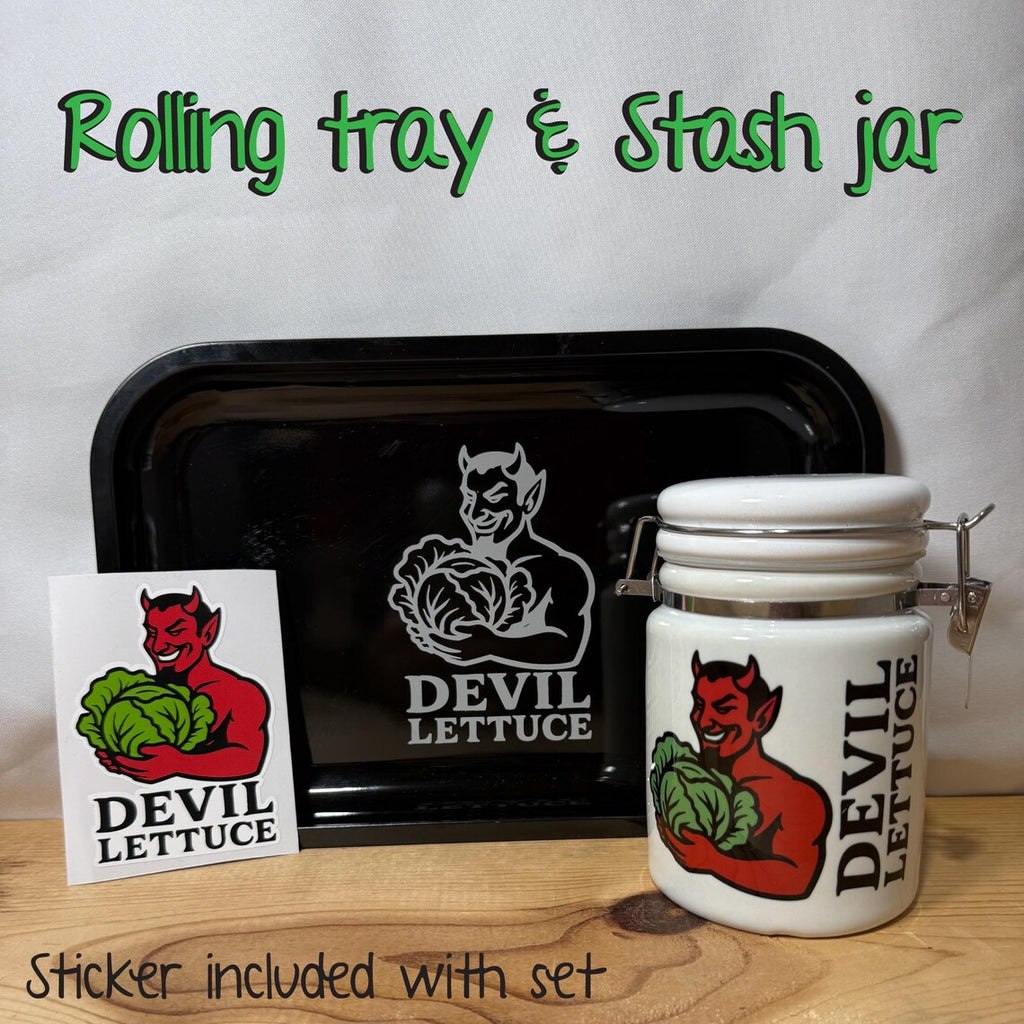 "Devil Lettuce" Aluminum Rolling Tray & Ceramic 14oz White Sublimated Weed Stash Jar Gift Set