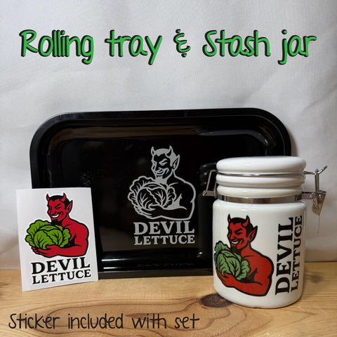 "Devil Lettuce" Aluminum Rolling Tray & Ceramic 14oz White Sublimated Weed Stash Jar Gift Set