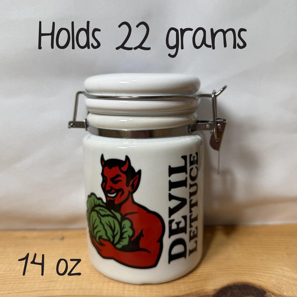 "Devil Lettuce" Aluminum Rolling Tray & Ceramic 14oz White Sublimated Weed Stash Jar Gift Set