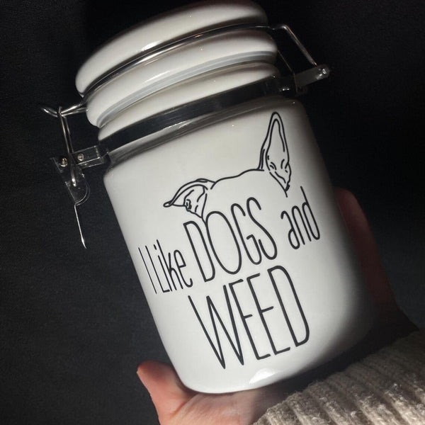 I like dogs and weed 14oz storage jar / stash jar / with one free mystery sticker