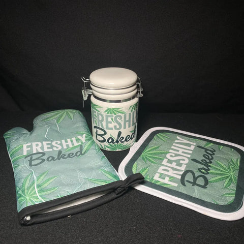 "Freshly Baked" Kitchen Set with a Ceramic 14oz White Sublimated Weed Stash Jar, Oven Mitt and Hot Pad Set
