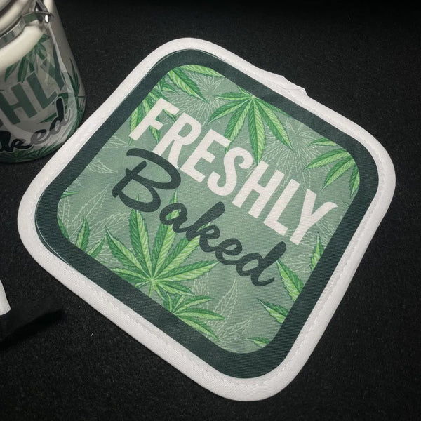 "Freshly Baked" Kitchen Set with a Ceramic 14oz White Sublimated Weed Stash Jar, Oven Mitt and Hot Pad Set