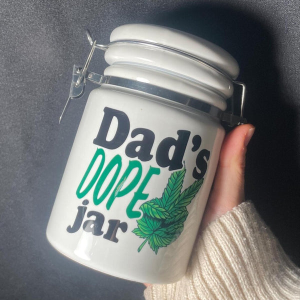 Dad's dope jar Ceramic 14oz White Sublimated Weed Stash Jar / That's Dope / Father's Day gift / 420 / With free sticker
