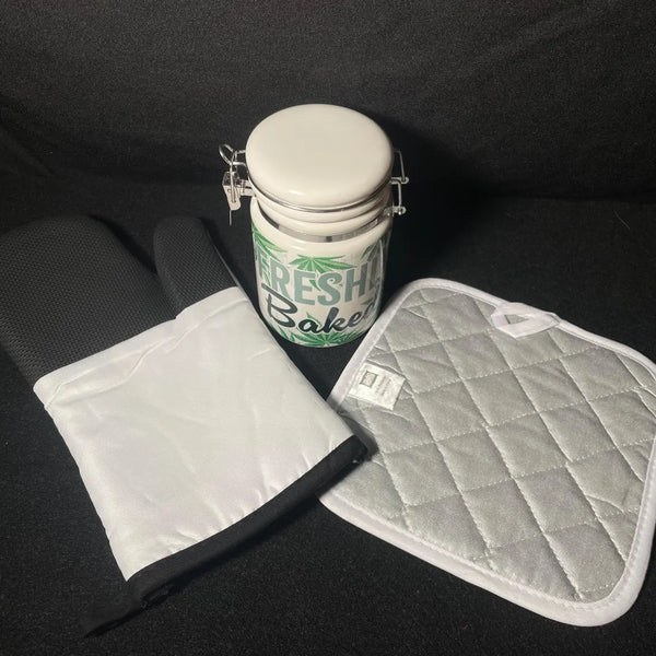 "Freshly Baked" Kitchen Set with a Ceramic 14oz White Sublimated Weed Stash Jar, Oven Mitt and Hot Pad Set