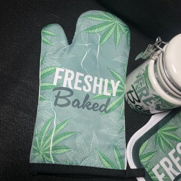 "Freshly Baked" Kitchen Set with a Ceramic 14oz White Sublimated Weed Stash Jar, Oven Mitt and Hot Pad Set