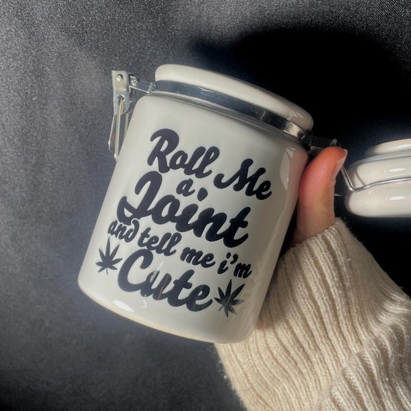 Roll me a joint and tell me I'm cute / Ceramic 14oz White Sublimation Weed Stash Jar / That's Dope / With free sticker
