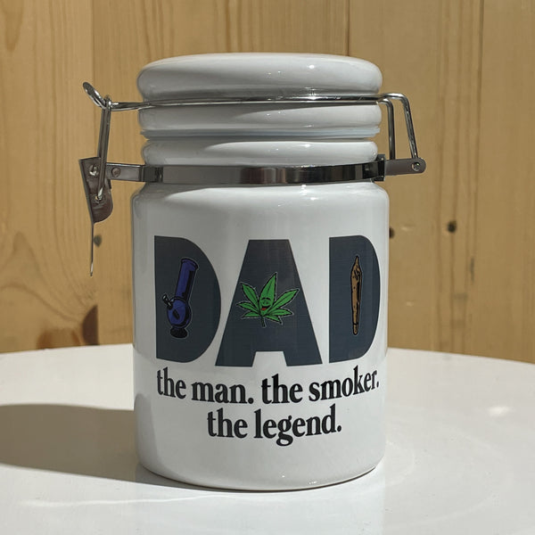 DAD the man. the smoker. the legend. Ceramic 14oz White Sublimation Weed Stash Jar