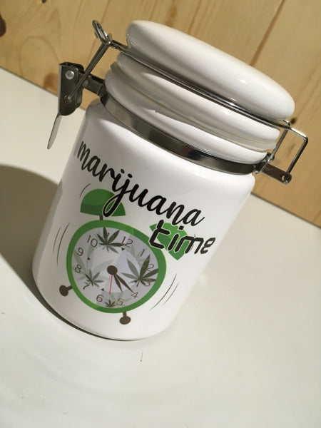 Marijuana Time 4:20 Ceramic 14oz White Sublimation Weed Stash Jar