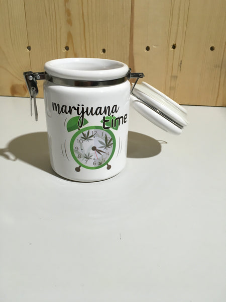 Marijuana Time 4:20 Ceramic 14oz White Sublimation Weed Stash Jar