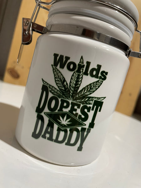 World's Dopest Daddy Ceramic 14oz White Sublimation Weed Stash Jar