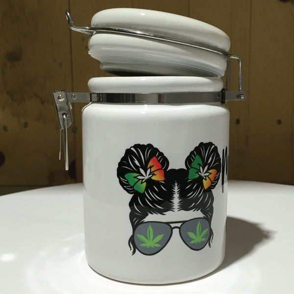 Marijuana Mama Space Bun Messy Bun Ceramic 14oz White Sublimation Weed Stash Jar