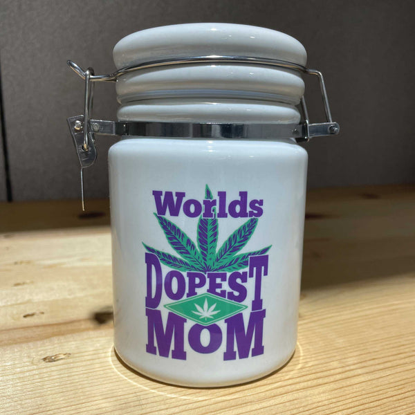 World's Dopest MOM Ceramic 14oz White Sublimation Weed Stash Jar